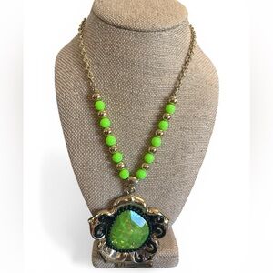 Gold-Tone Necklace with Neon Green Beads and Green Opalescent Pendant